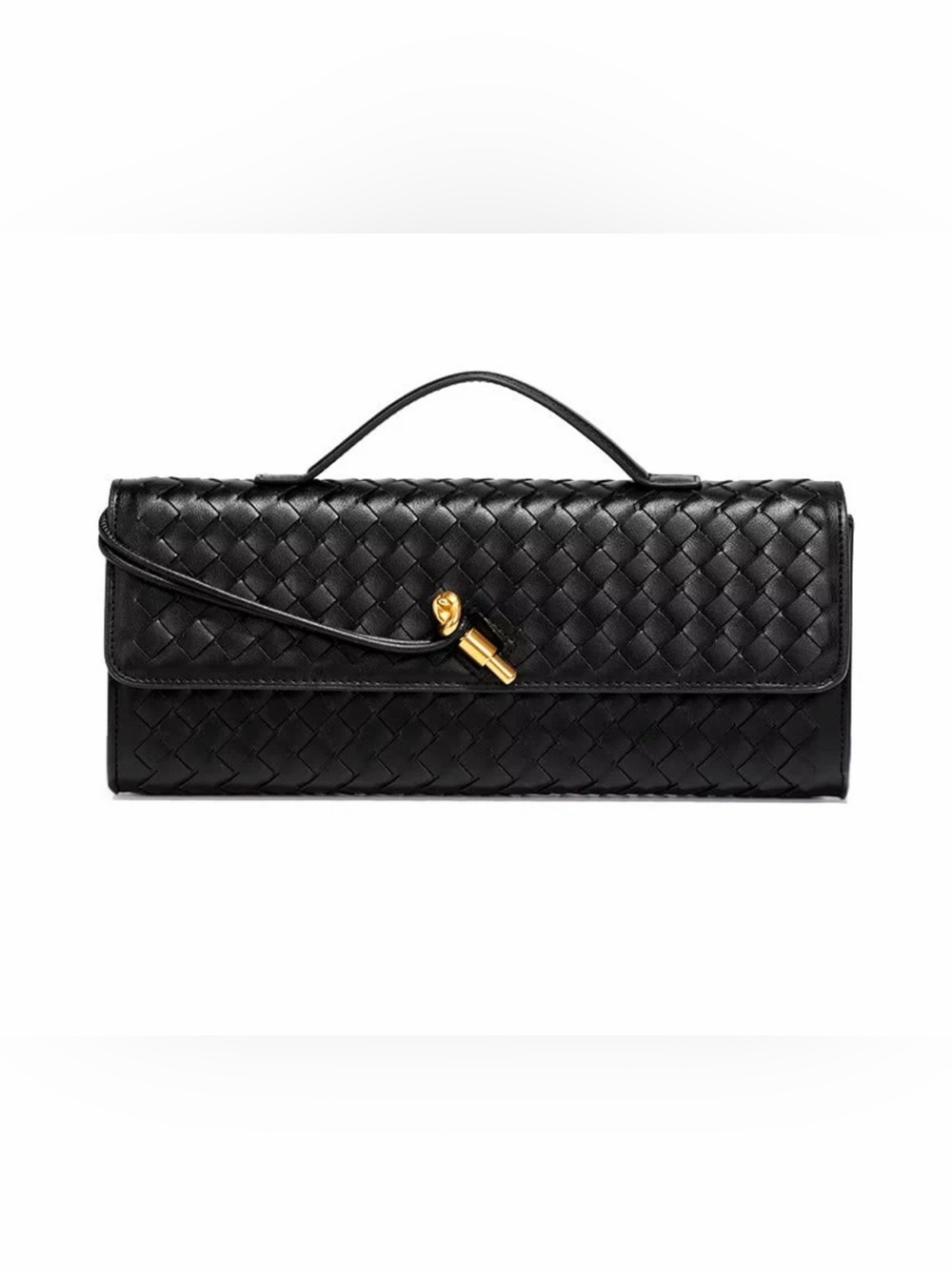 NWT Black Woven Vegan Leather Top-Handle Clutch with Gold Accent